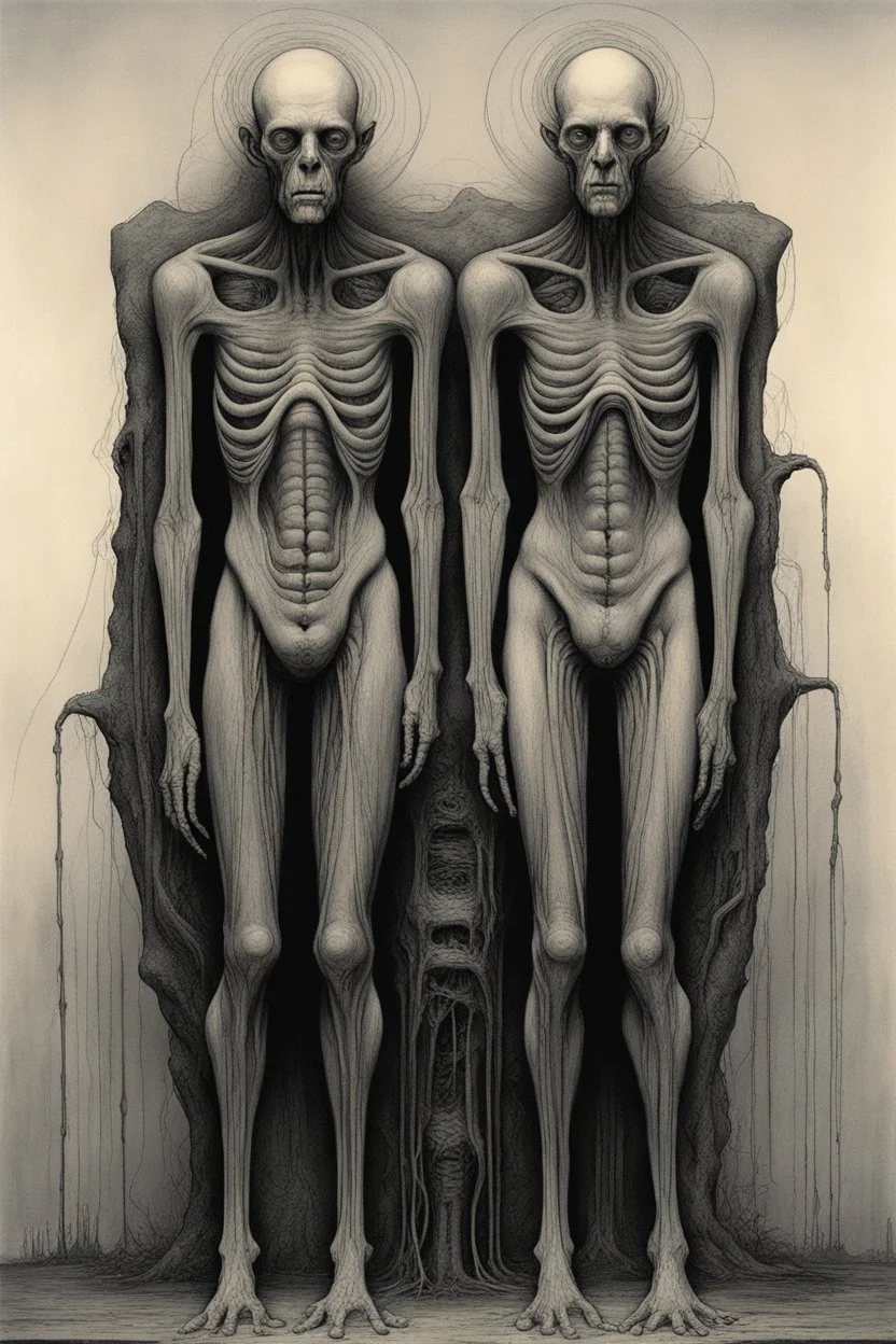 The full body of strange face on an old men , a thin line draw ، Siamese brothers with one body of two heads , front view camera, decayed and rotting with grotesque proportions and imagery. surreal horror, biomechanical design, by hr giger and beksinski , fine lines draw