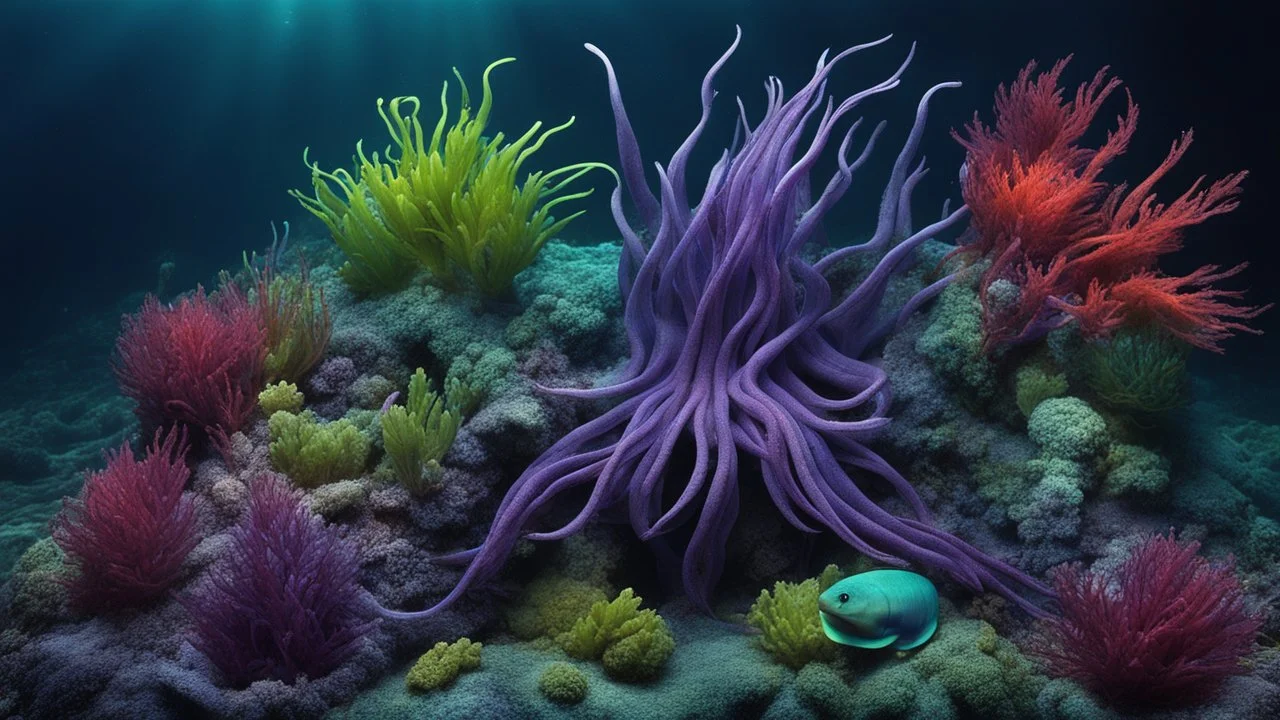 animals creatures, plants from subanautica from deep sea, leviathan's a lot of sea plants very deep, beautiful, river of magma, green and blue, dark purple