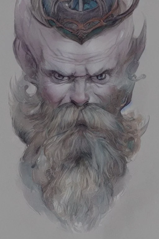 portrait, watercolour, illustration, dnd, fantasy, dwarf, beard, square face, ghost, ethereal, blue skin, glowy skin, see-through, angry