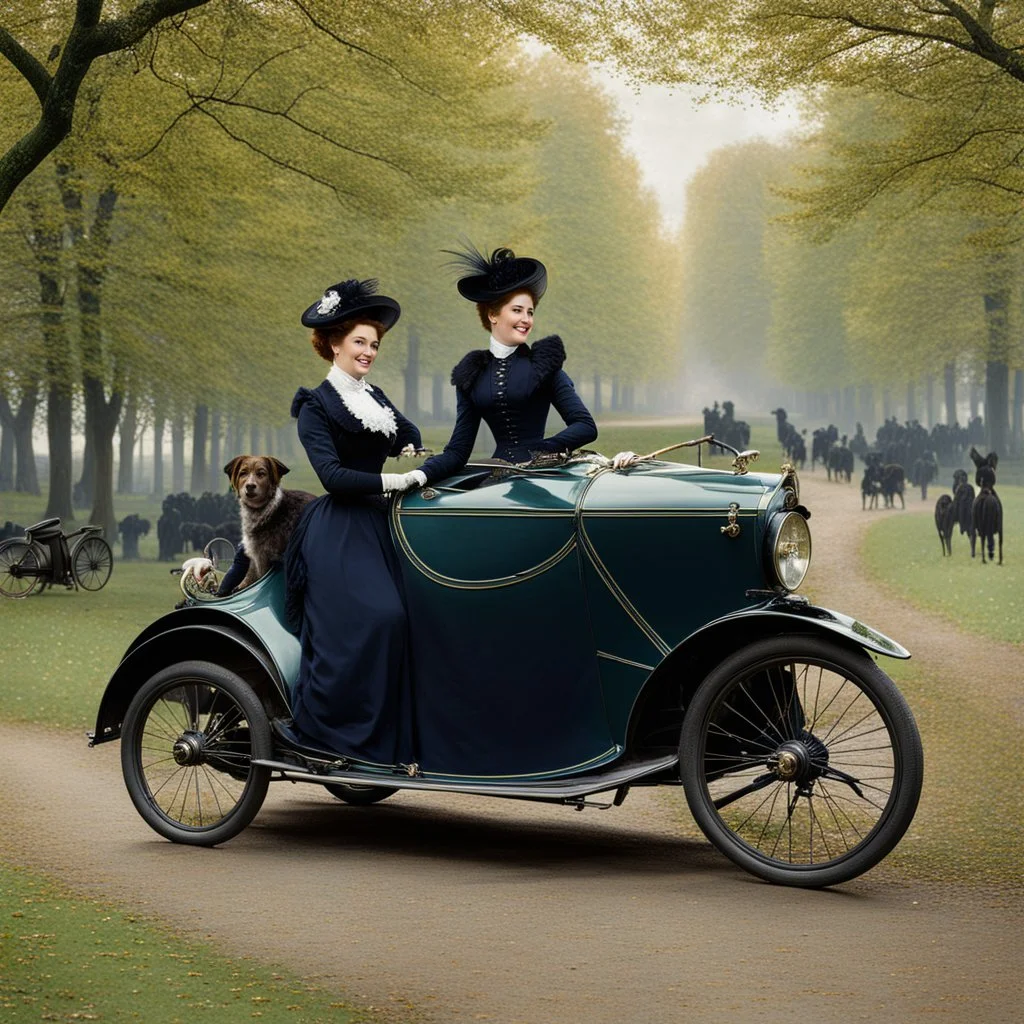 The Goldsmith Ladies in the Bois de Boulogne in 1897 on a Peugeot car, Julius LeBlanc Stewart, smile, dog