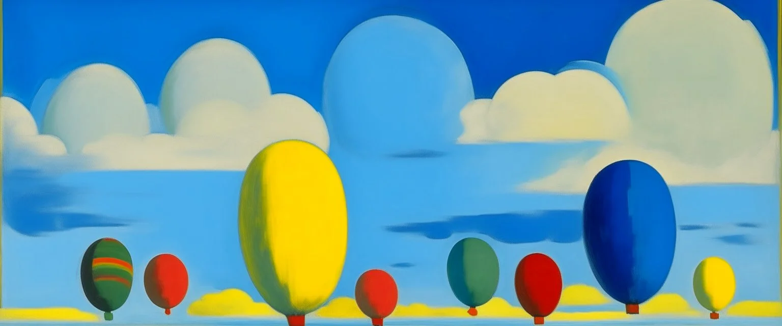 A white sky with puffy clouds and airships painted by Alexej von Jawlensky