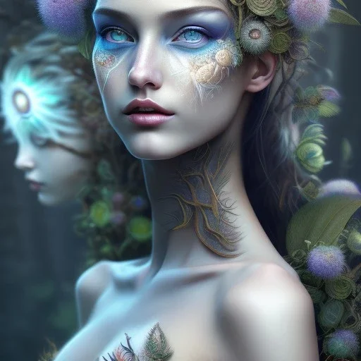 Portrait of beautiful girl, face dept of field,face shining, plant, metal, feathers, Dryad, fae, sidhe, ominous, nature, plants, wildflower, facepaint, dnd character portrait, intricate, oil on canvas, masterpiece, expert, insanely detailed, 4k resolution, retroanime style, cute big circular reflective eyes, cinematic smooth, intricate detail , soft smooth lighting, soft pastel colors, painted Renaissance style,sharp fucus, bokeh,macro lens, 1500mm lens