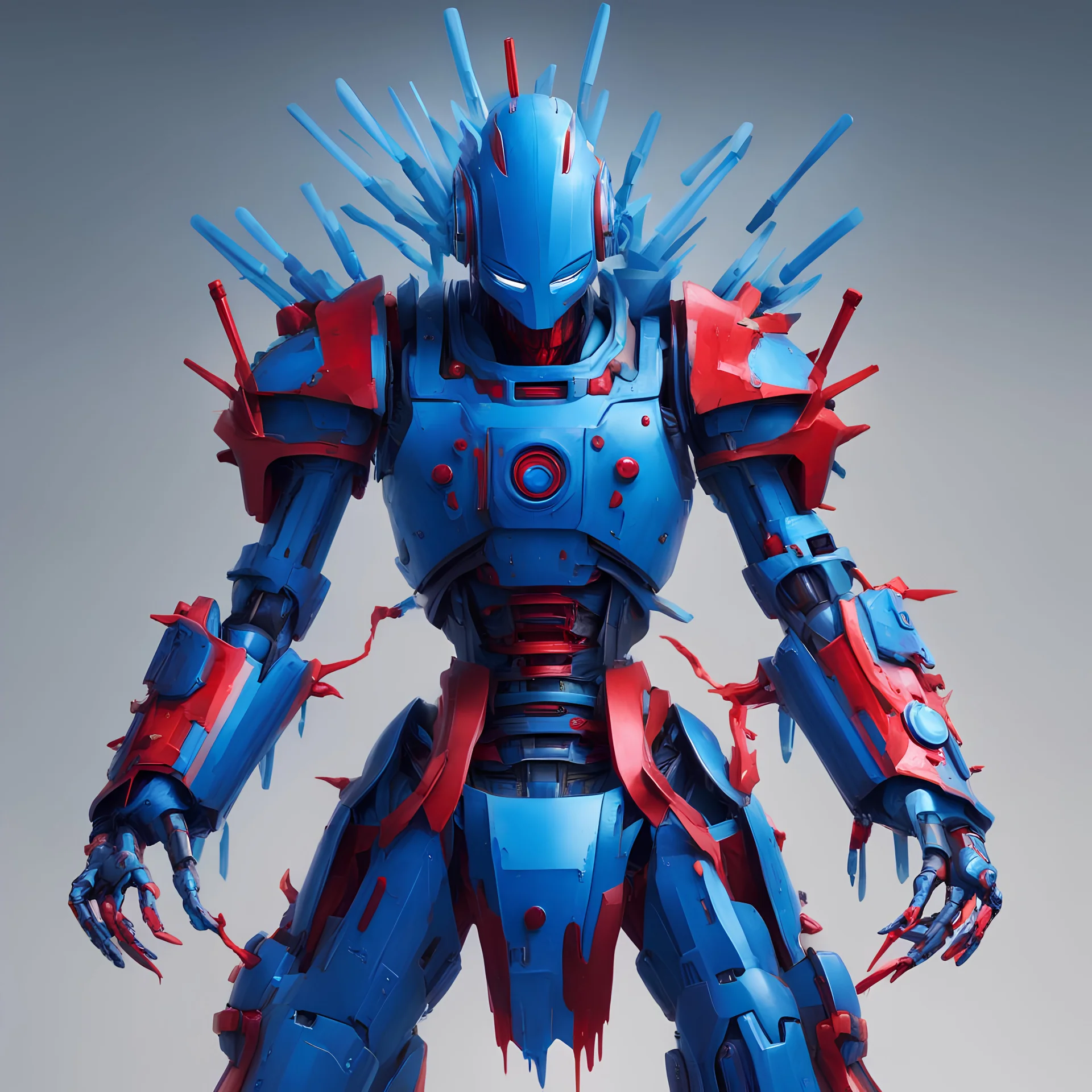 Needle Man who is a robot master, vivid blue armor with sky-blue a flat helm with white needles on head and shoots out needles dripping with crimson, Masterpiece, Best Quality, In Nightmare Fuel Style