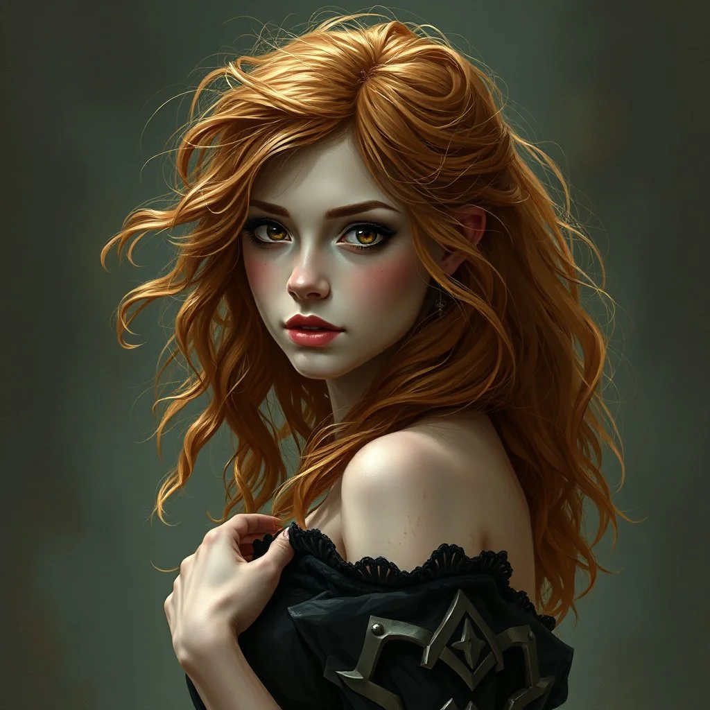 a pretty fantasy woman, loose ginger hair, young, plotting, dark fantasy art