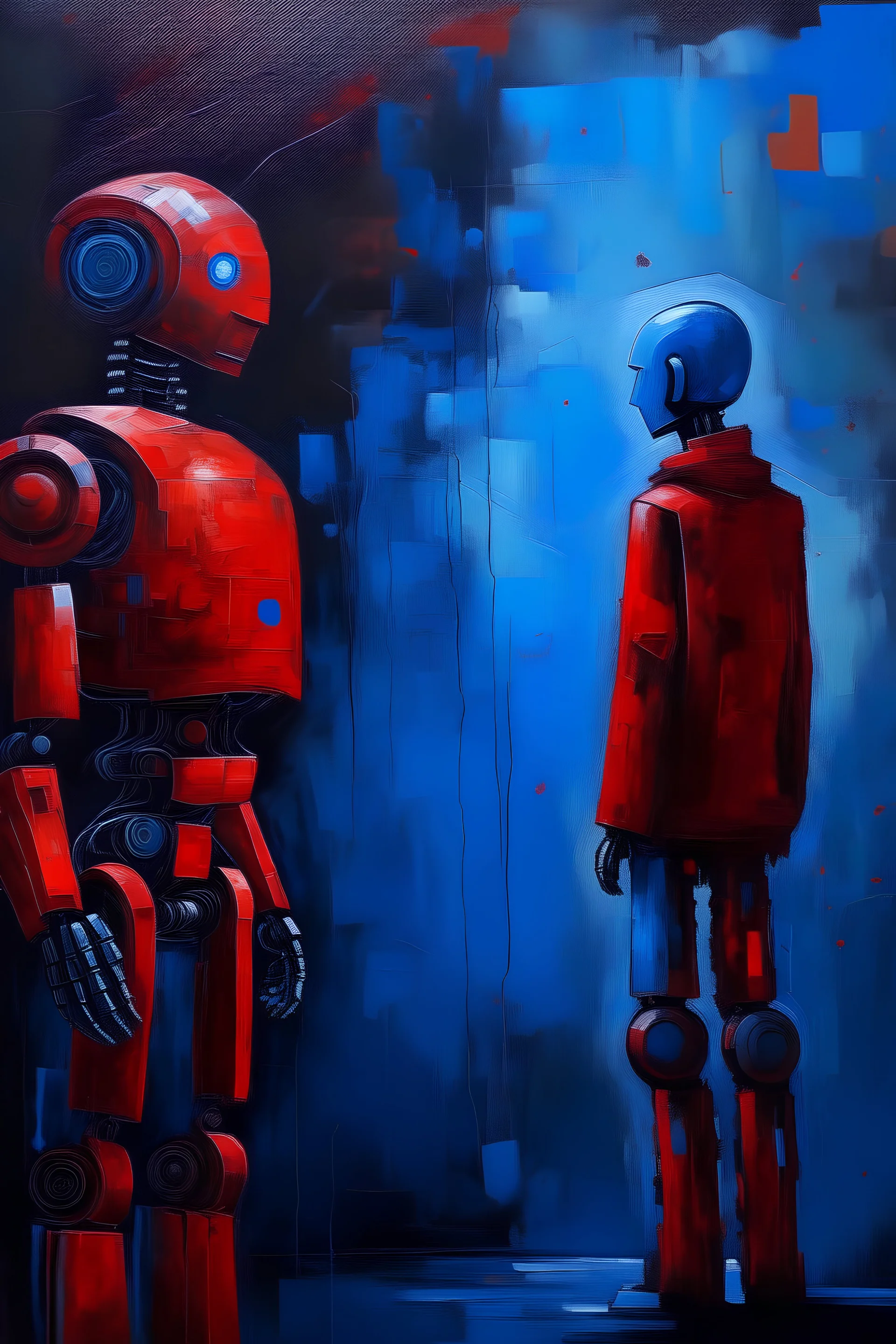 painting a red and blue abstract boy & humanoid robot painted in oil on a textured canvas, set against a stark black background, striking contrast, fluidity and grace of the traditional figure --ar 3:4 --style raw