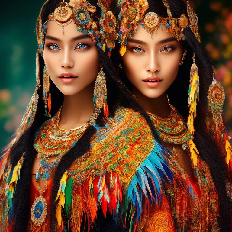 bright transparent indigenous, beautiful portrait, flowery landscape, light