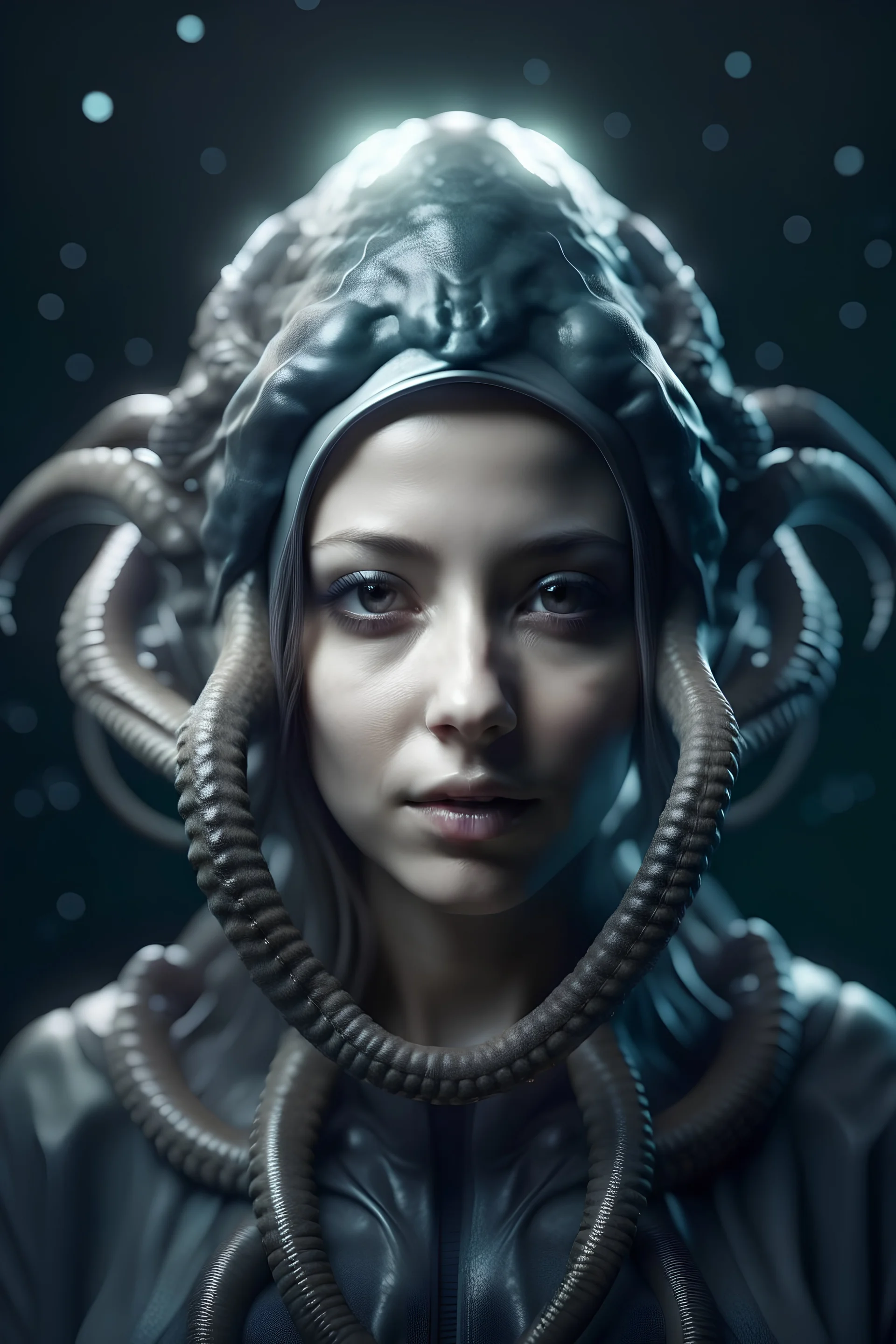 Realistic photolike looking Headshot of human female character with two psionic tentacles on head without eyes. Set in spacefaring future.