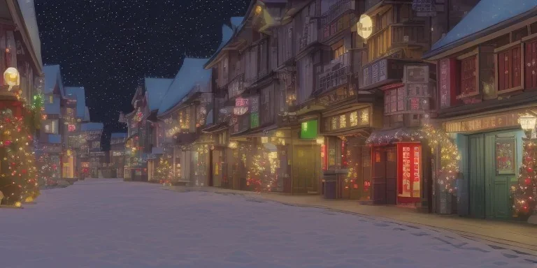 Diagon Alley in christmas night, snow flakes, many three, Christmas decoration, Christmas light, high contrast, best quality, 8k, hight detailed, 3d, render, lumion, shooting star