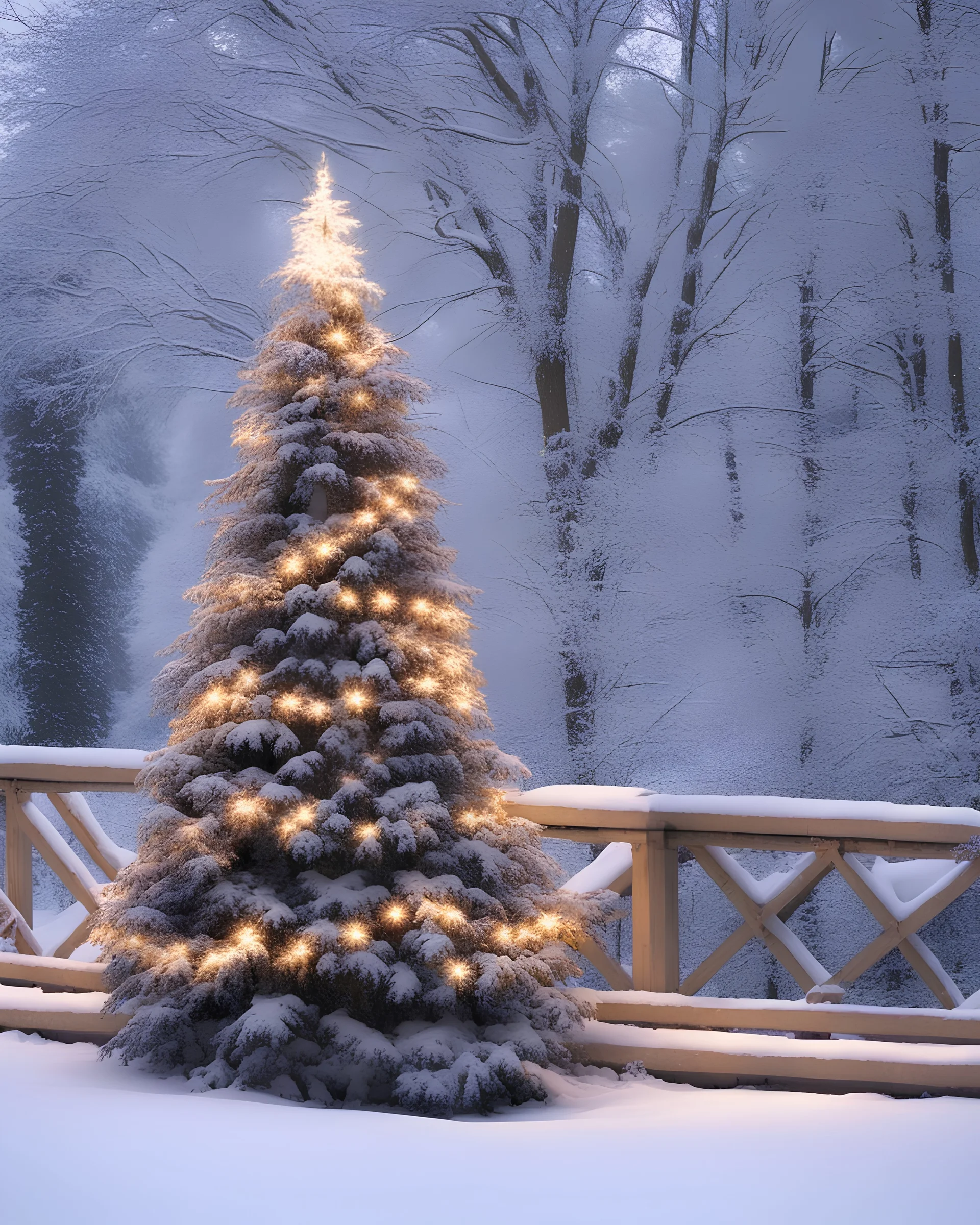 christmas tree with lights snow