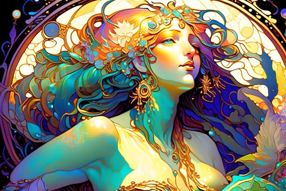 a beautiful mermaid with jewels elegant extremely detailed very attractive beautiful dynamic lighting colourful Alphonse Mucha