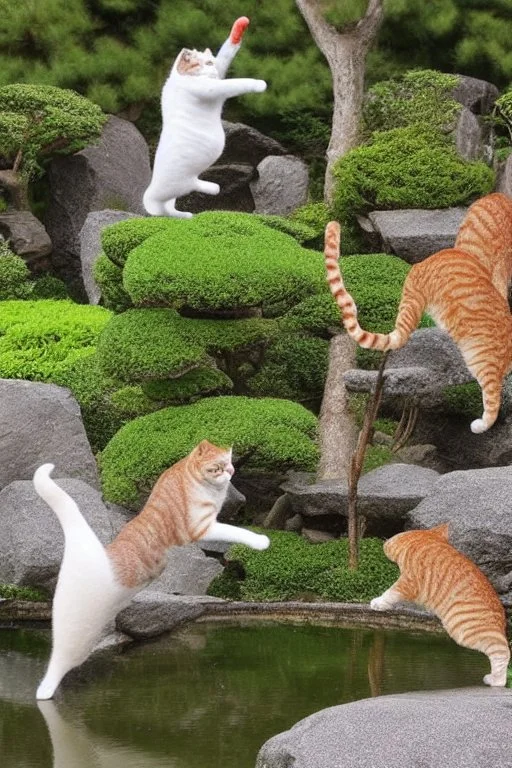 martial artist cats fighting in a Japanese garden