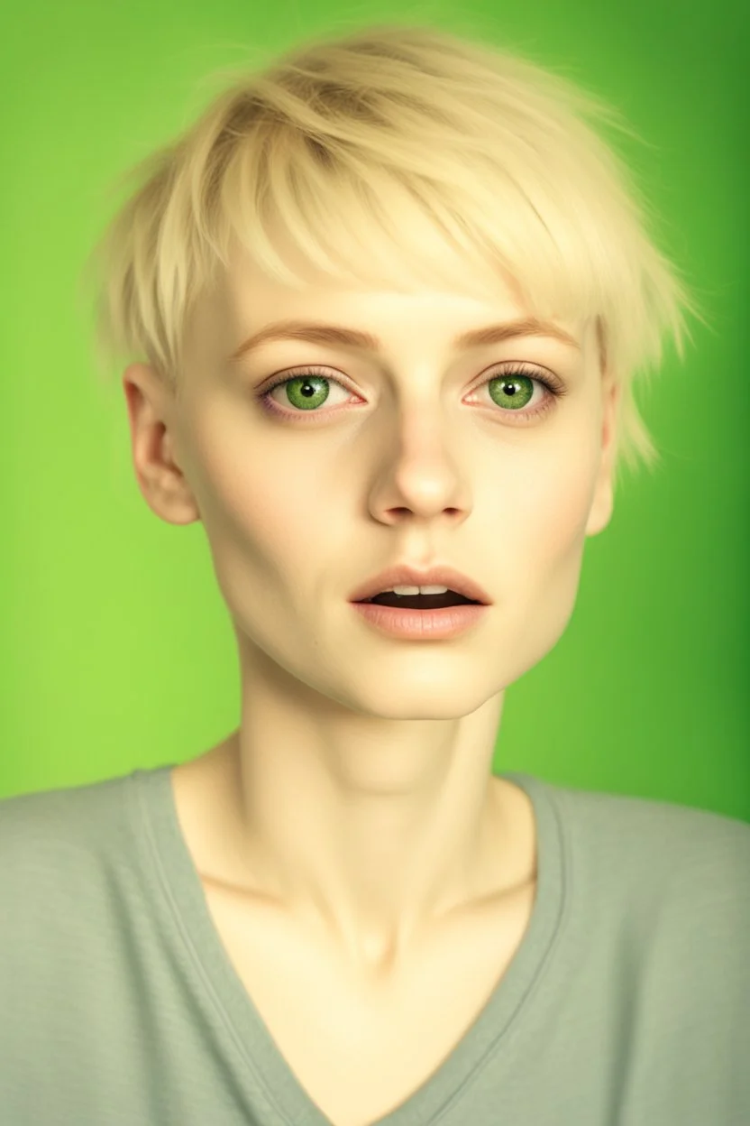 ultra realistic photograph of a very thin young woman with short blonde hair and green eyes bruised face with a frightened expression wearing a loose black teeshirt