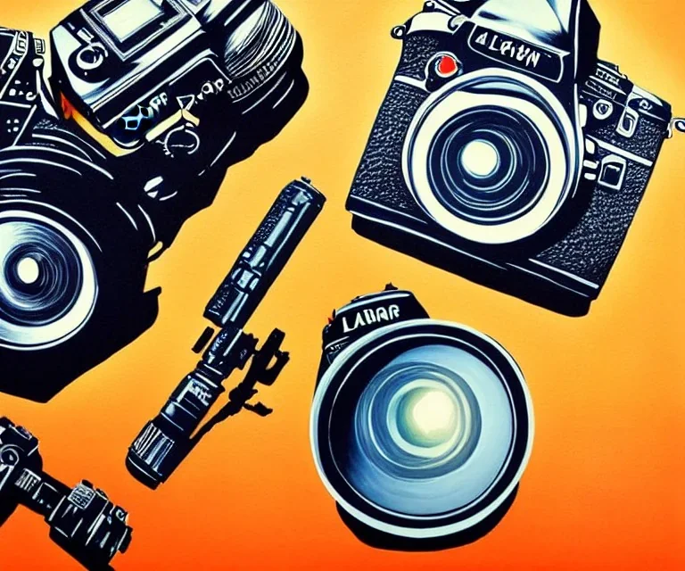 camera laid out flat. poster design. high detailed. oil on canvas. DSLR