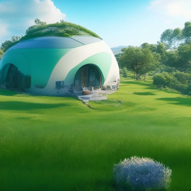 House on the hills, green nature, futuristic, minimalist architecture, concept art, 3D art, oval and round shape, finely detailed, cinematic lighting, hot weather, cream blue sky, hyper realistic, 4k