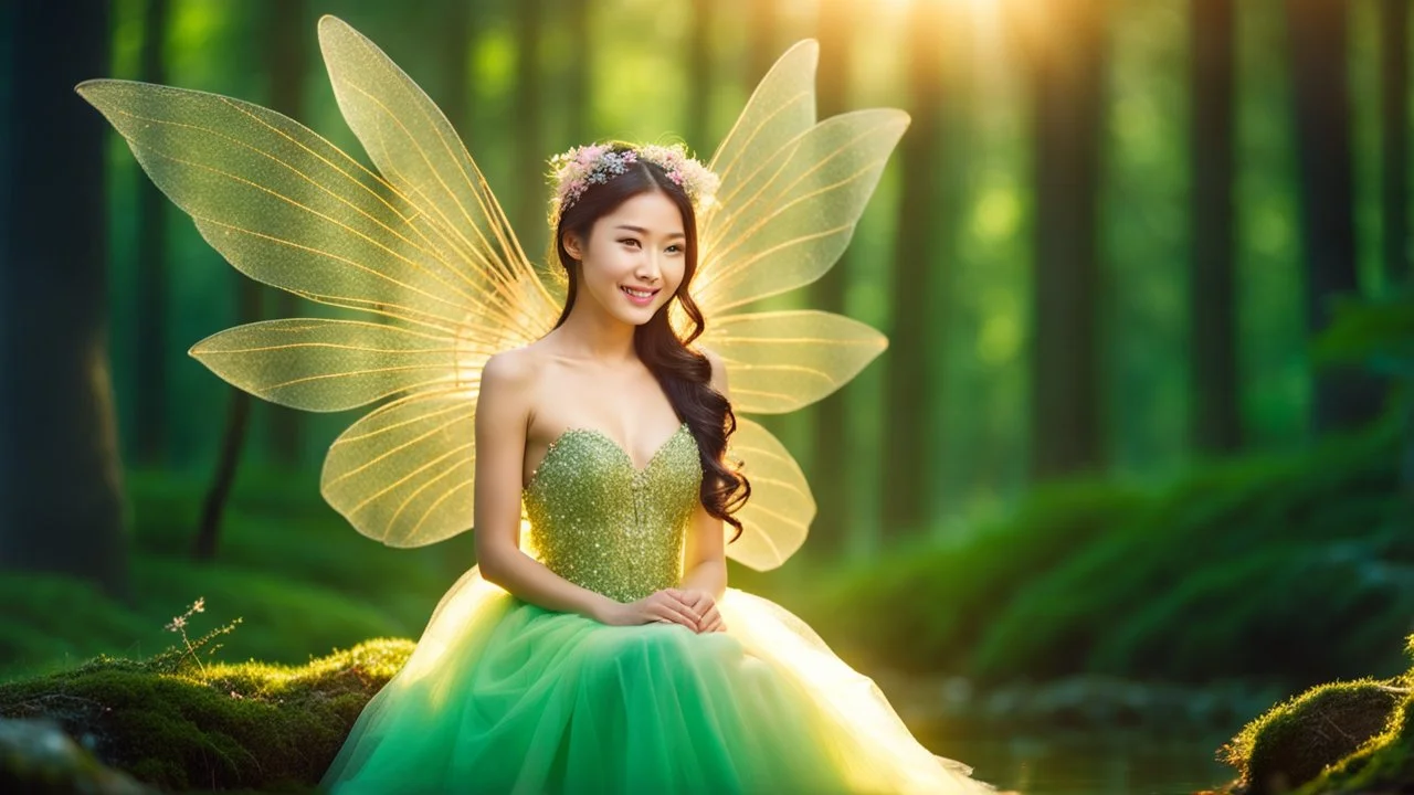 A gorgeous smiling Asian model in a fairy outfit with great glittering wings in a magic forest with 1000 y/o trees, a small torrent, loads of mini flowers, moss, sun rays through the branches, particles in the air at dawn spring