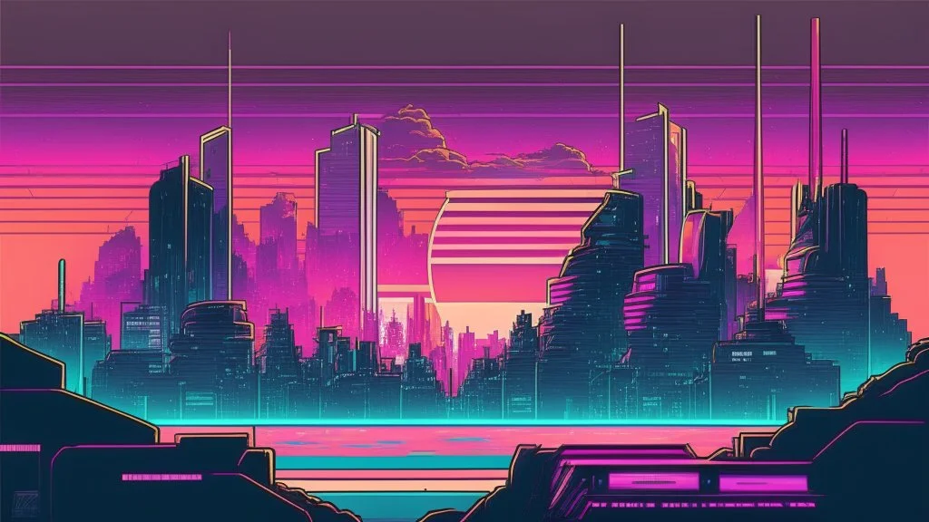 synth-wave city, simple,iconic:1.8), comic style