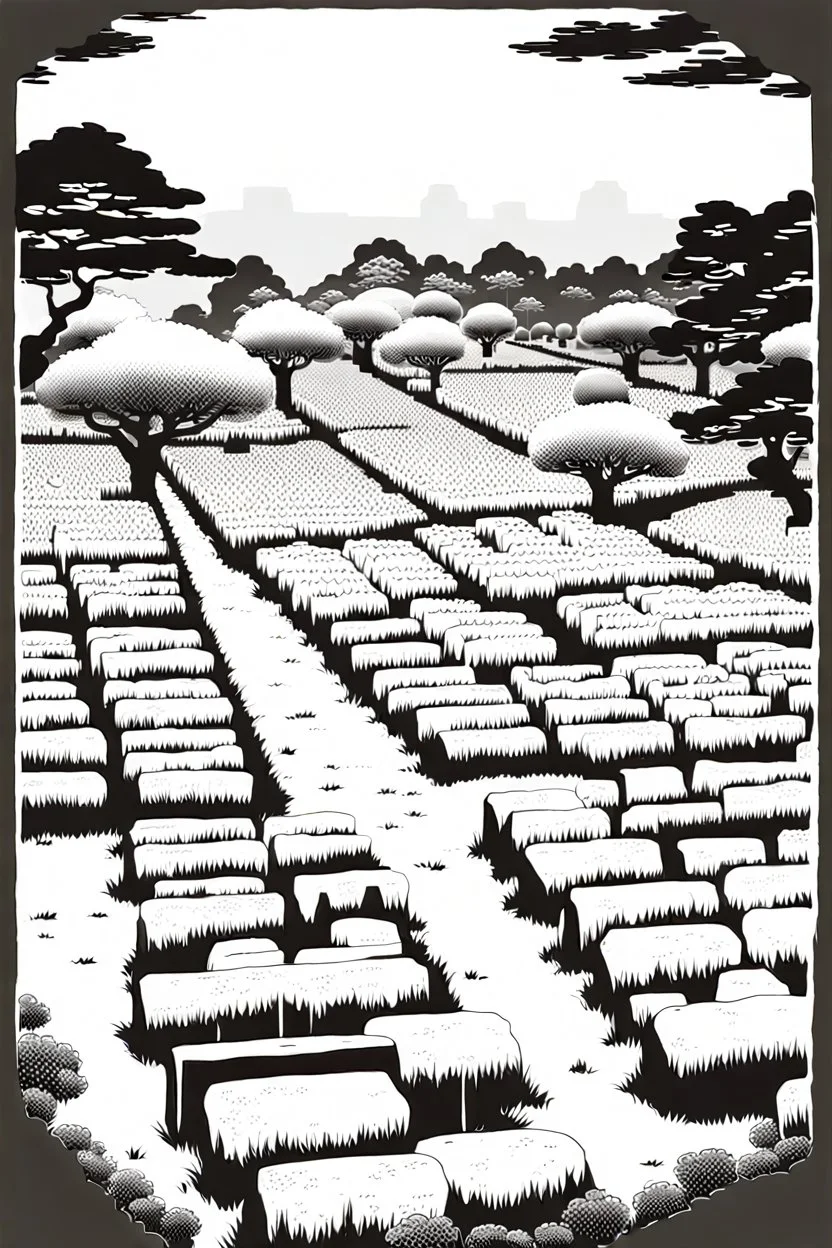 landscape, Japanese open air flat cemetery with thousand gravestones, high detail, manga style, grayscale