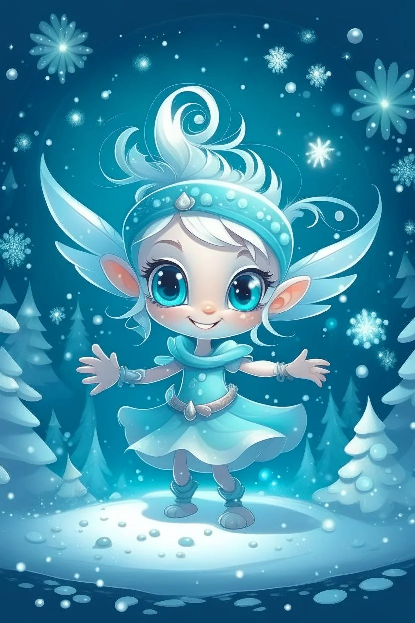 fantasy cartoon style illustration: mischievous snow fairy who sprinkles magic snowflakes