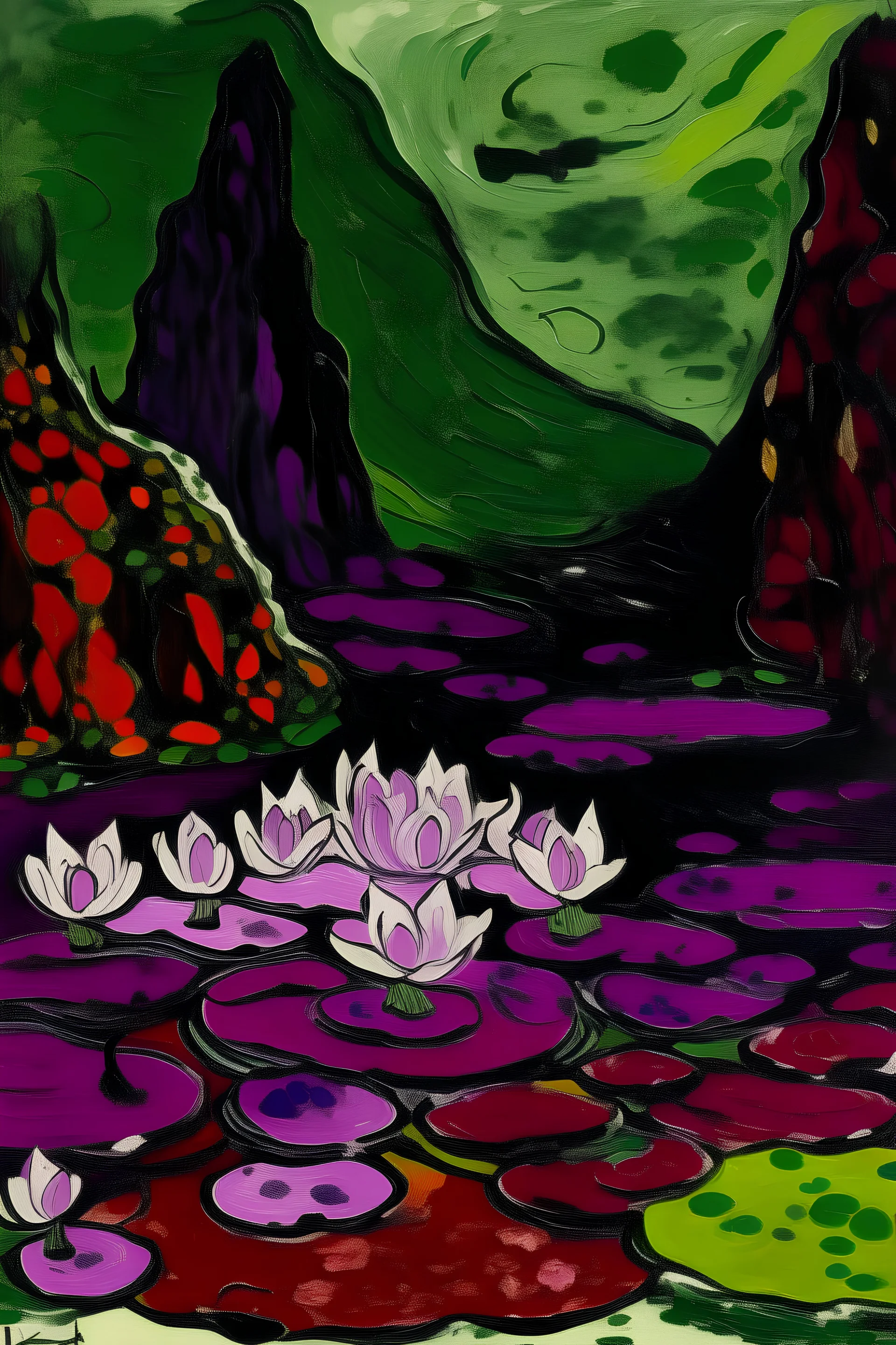 A red violet lilypond near a cave painted by Jean Dubuffet