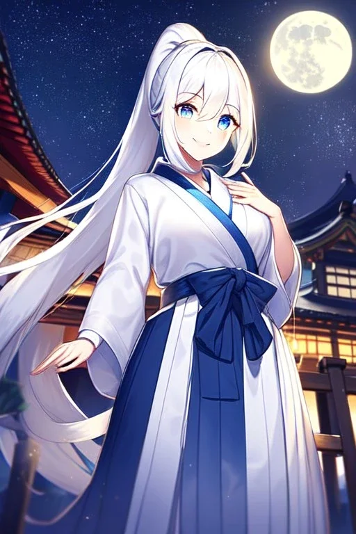 girl, masterpiece, best quality, cinematic lighting, detailed outfit, vibrant colors, perfect eyes, white hair, blue eyes, long hair, ponytail, hakama, shrine, smile, looking down, night sky, starry sky, full moon,