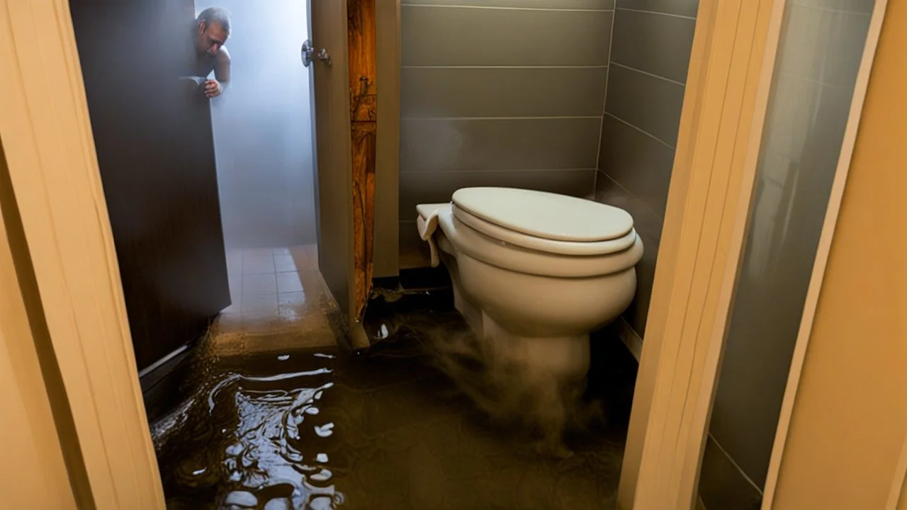 Hotel room toilet full of sewage overflows while man tries to still defecate into it