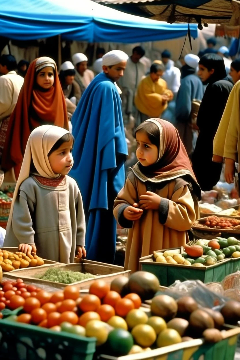 oriental arabic childeren at a market in a back vieuw distance panting neoclassism