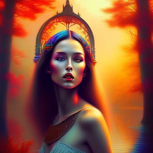 spray painted fantasy art, book illustration,portrait of high priestess by a dam ,autumn water, colorful, evening