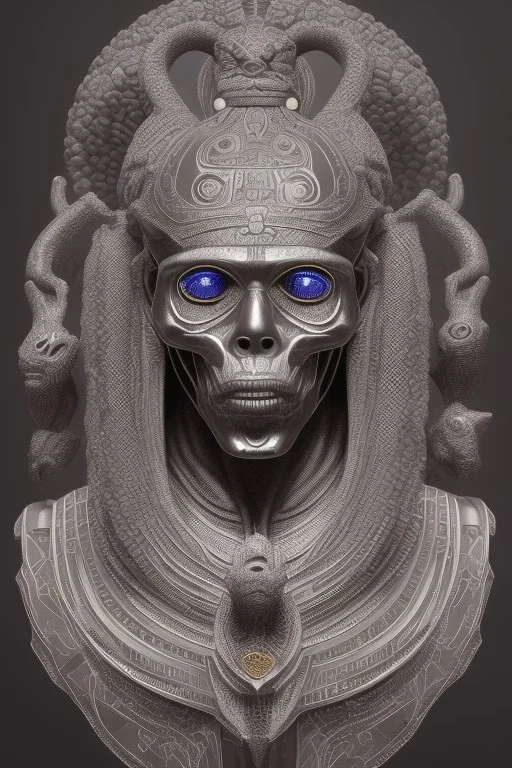 Anunnaki black male African Egyptian alien, cracks in the voodoo head, wicked, eyes, Elephant, 8k, finely detailed, photo realistic, tiger turquoise skull head gold dragon helmet space alien silver surfer skeleton gold olmec silver crown silver eyes