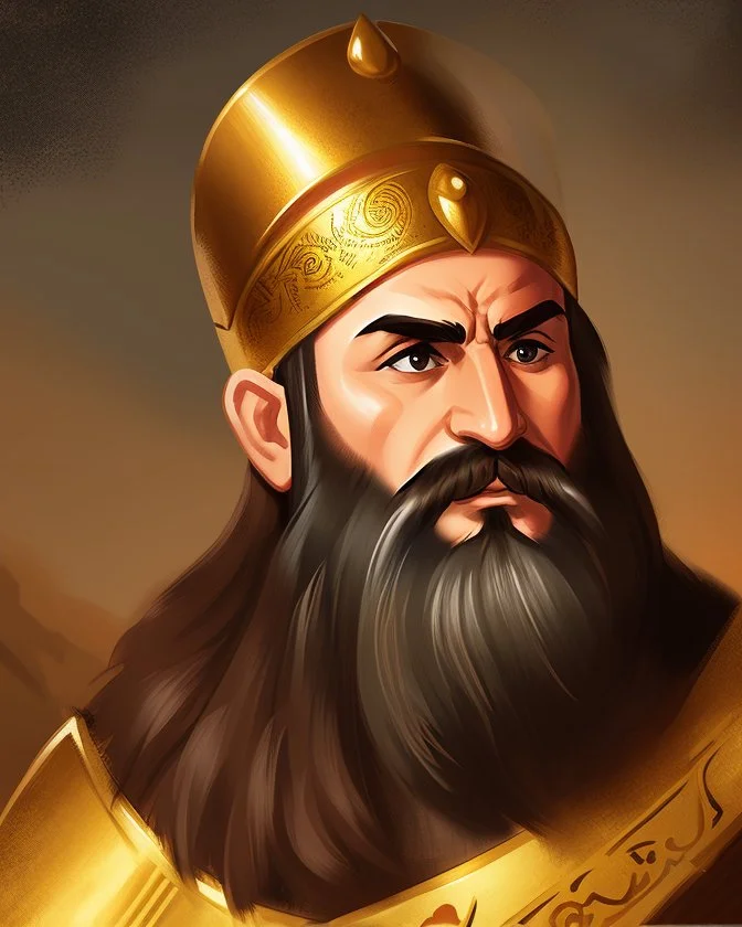 Mesopotamian warrior, expression serious, aura, portrait, background Mesopotamian city, comic style, long beard,