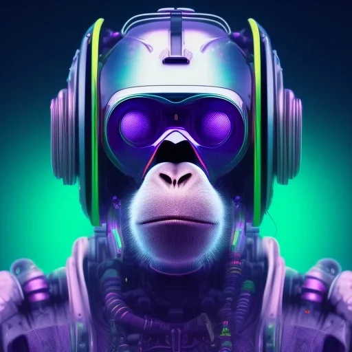 A beautiful portrait of a cyborg monkey purple neon color scheme, high key lighting, volumetric light high details psychedelic background