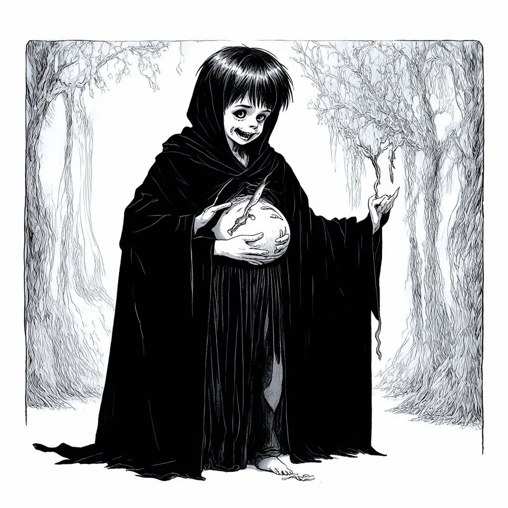 7 year old boy, necromancer, friendly, looks dead,with a long lamprey emerging from his belly , wearing black robes, in the style of Harry Clarke