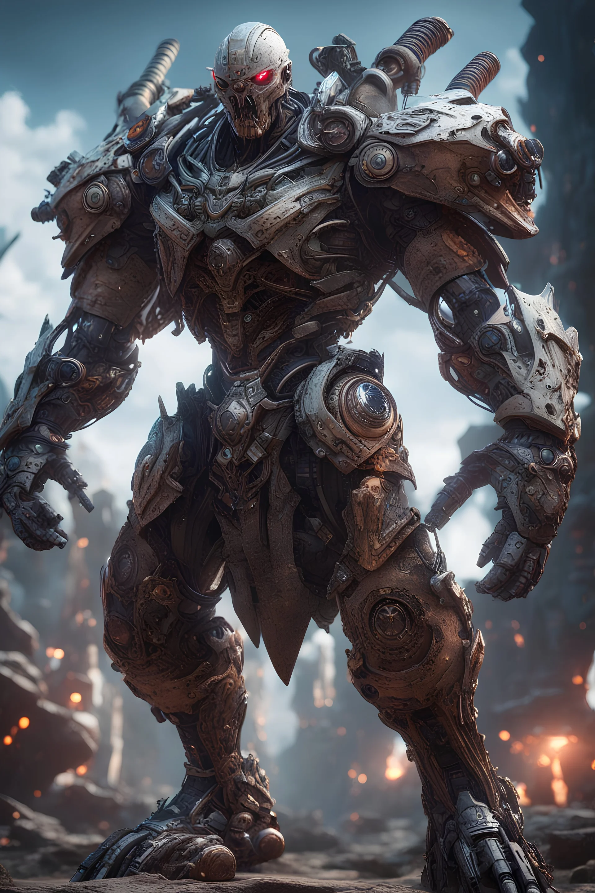 hyper detailed biomechanics giant, warrior of universe, surrealism, equipped with lethal weapons, intricate background, 8k octane rendered, unreal engine 5, high resolution, high contrast, cinematic lights, masterpiece, photorealistic, 3d