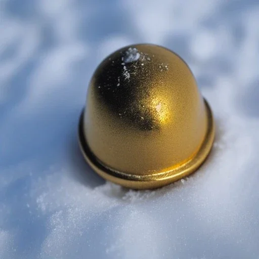 exquisite tiny gold bell buried in snow, warm colors, soft lighting, snowdrift, long shot, soft focus, extreme wide shot, aerial shot