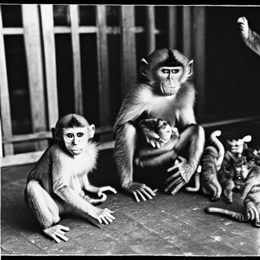 Old photo of monkey with dancing cats