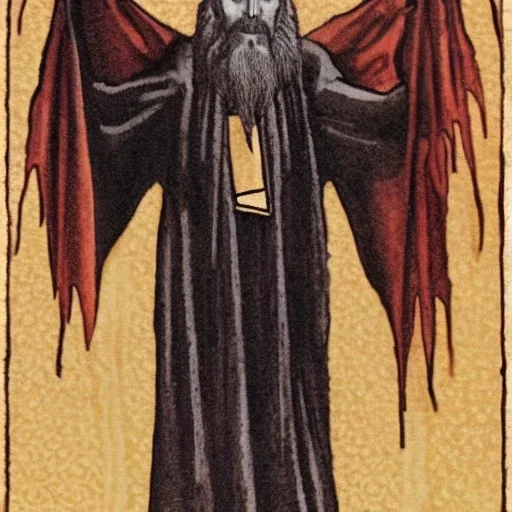 Nosferatu vampire with a beard and vampire fangs as a Russian Orthodox bishop with four arms with long claws and yellow eyes