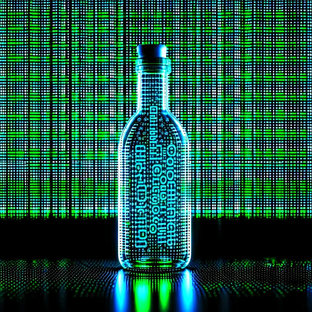 A digital message in a glass bottle. The message is the creation of artificial intelligence.