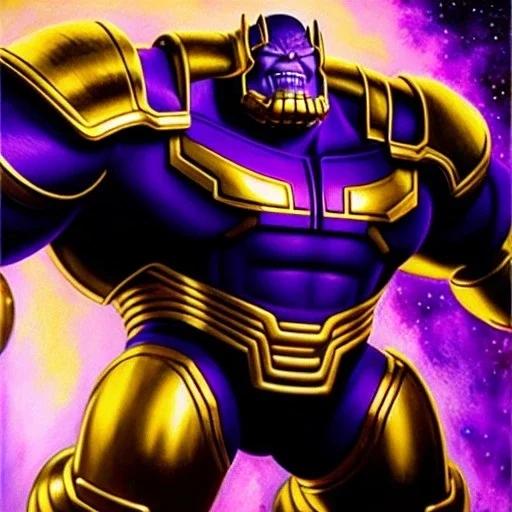 fullbody portrait in oil on canvas of Thanos with Big Golden Hulkbuster armor, intense stare, masterpiece, realistic, intricate detail, sci-fi fantasy style, volumetric lighting, particles, highly detailed ,cinematic , deep colours, 8k, by Robert E Howard and Ken Kelly