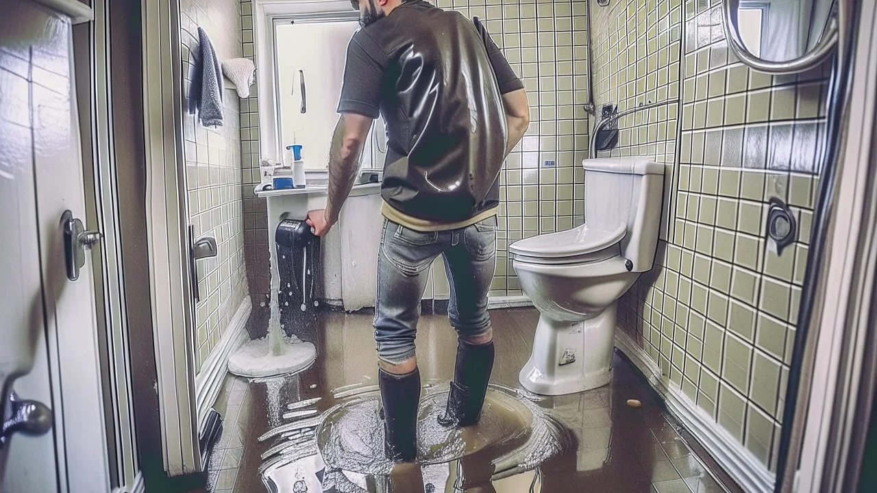 russian spasmo man stands on the sink while sewage floods bathroom and hallway because of boys playing with clogged toilet.