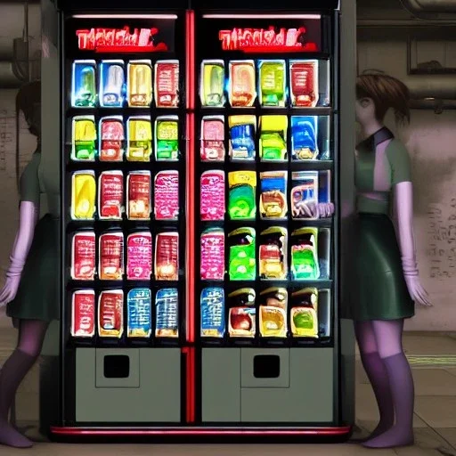 Female vending machine cyberpunk 3d cgi character very detailed and funny,8k,HD, cinematic,big Mellon's, unreal engine