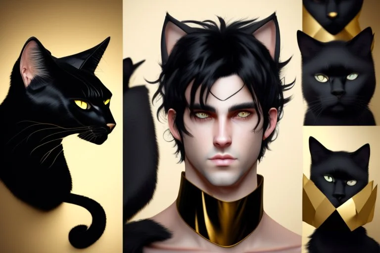 man with messy black hair, gold eyes, large black cat ears on his head, realistic