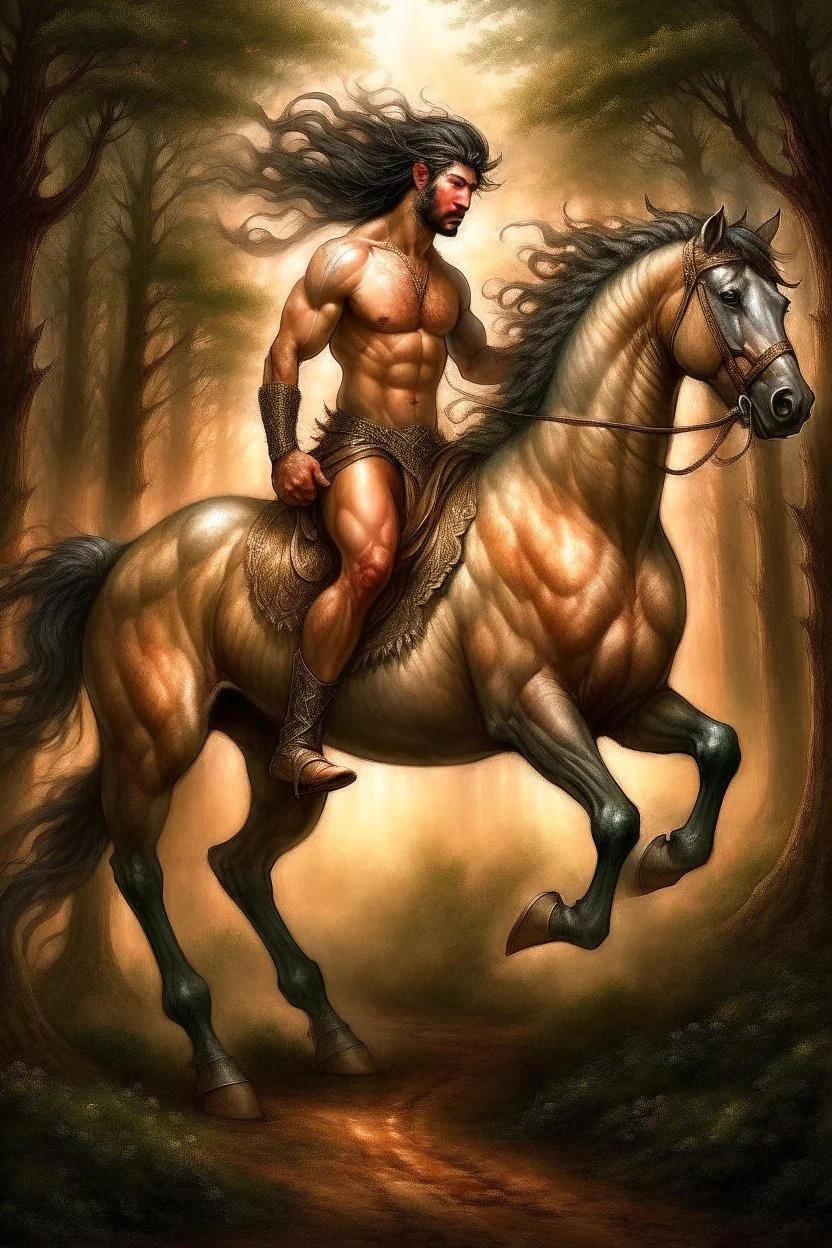 The magnificent and ethereal creature known as the centaur a glorious melding of equine and human form captivates the imagination with its majestic presence as its powerful equine body akin to the untamed wildness of the open fields harmoniously merges with the dignified human upper torso evoking a sense of grace and mystique that leaves all who behold it in awe and wonder