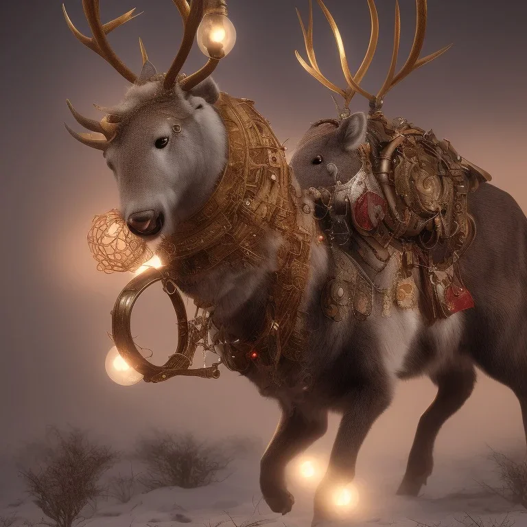 Steampunk reindeer, detail, vibrant lighting, 8K resolution, Didier Graffet, Su Jeong Ahn, Oguzhan Kar, hyper realistic
