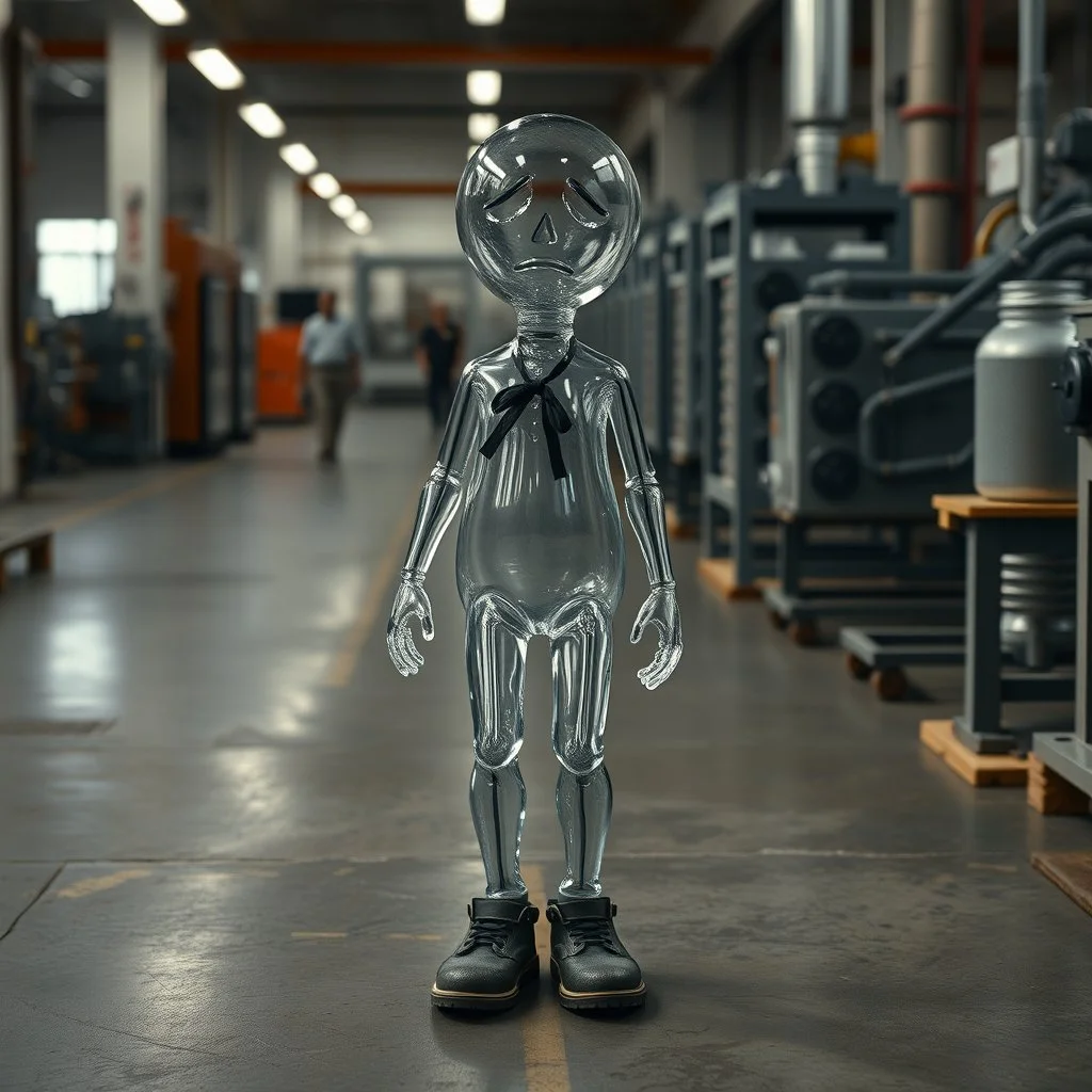 an very sad transparent glas man with legs and shoes, walking in a factory, nobody cares about the empty glas, that is why he is so sad :( , he had worked 30 years in the factory and never had a salary increase, tears in his eyes