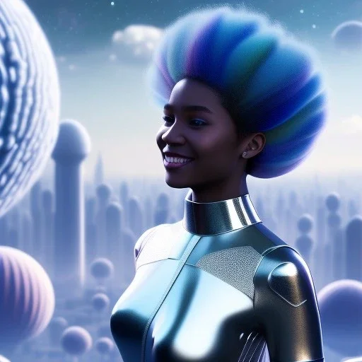 Ultra realistic photo. volumetric lighting , scientist. Young black woman, young, big smile. Joy. smiling. Afro futurism. Afro puffs. Blue hair. Ombré hair Cotton candy. Futuristic cities in background. Space. Space travel. Silver. Cities