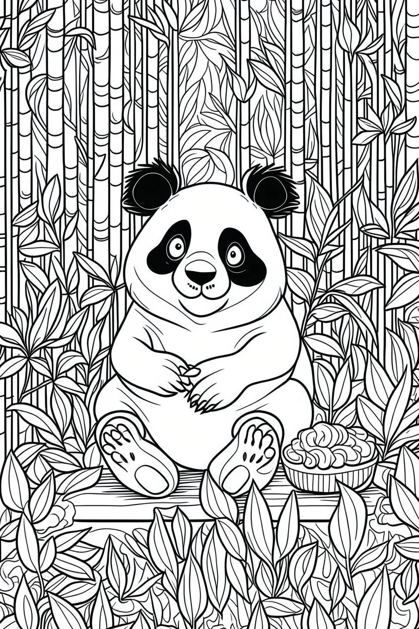 HAPPY NEW YEAR coloring page for kids, Panda munches on bamboo in patterned backdrop, thick outline, low details, no shading, no color