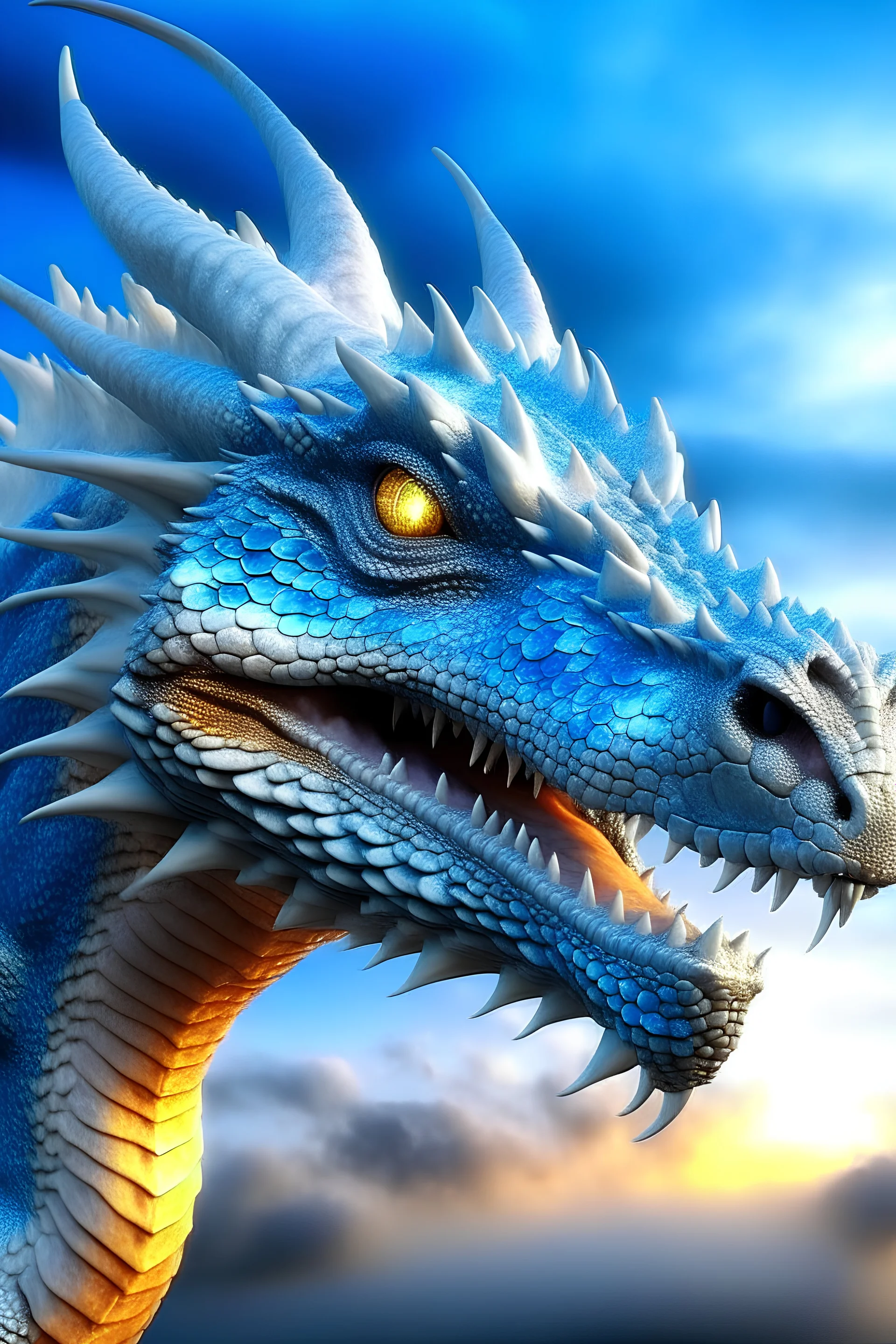 Photograph of a realistic, very beautiful dragon with glowing blue eyes, small pretty head, showing the whole dragon, flying in a beautiful sky