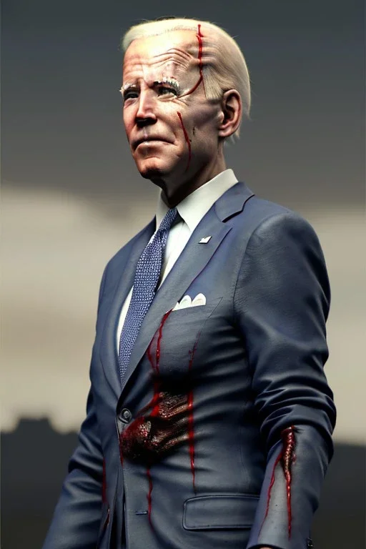 realistic image, joe biden zombie, arm cut and bleeding, night, walking with a limp, waist up view, dark ambient, highly detailed, sky background, concept art, unreal engine 5, god rays, ray tracing, RTX, lumen lighting, ultra detail, volumetric lighting, 3d, finely drawn, high definition, high resolution.