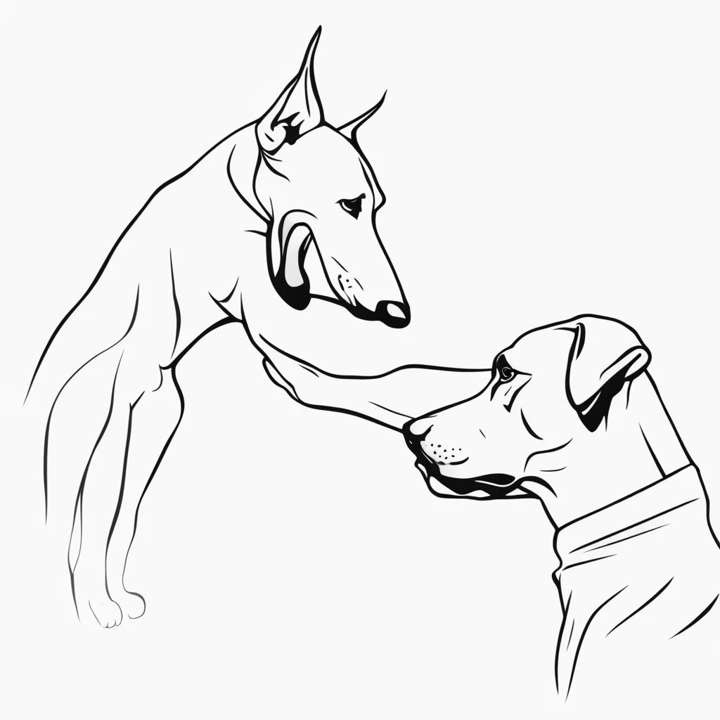 Striking one line art design featuring a side view of a Doberman dog and a man's raised hand in friendly fist bump. The man's arm is isolated, it emphasizes the bond and connection between the two. The Doberman has an affectionate expression. Intense black background. Simple but powerful design, symbolizes the connection between humans and pets