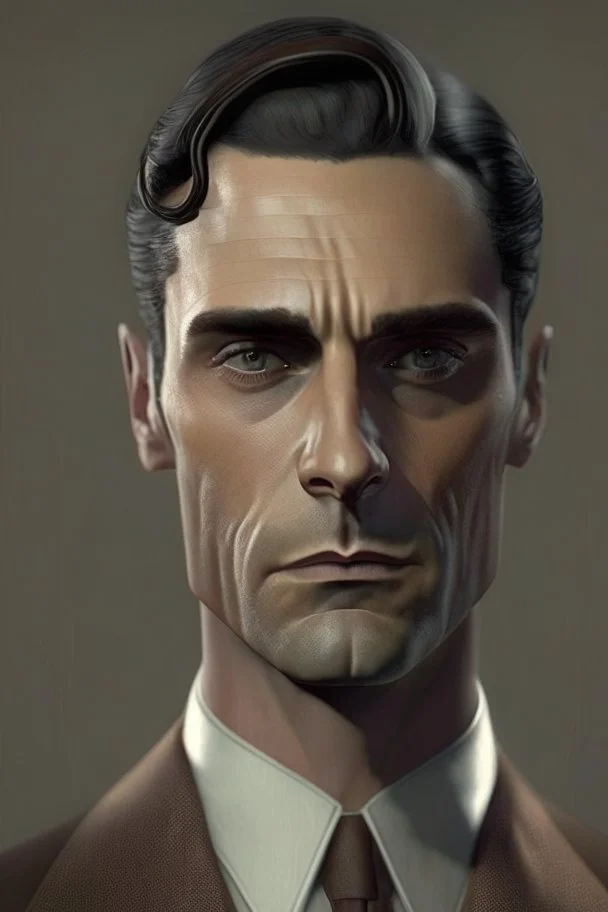 human, mid-fifties, smart brown suit, short salt-and-pepper hair, clean-shaven, very dark eyes and stern gaze