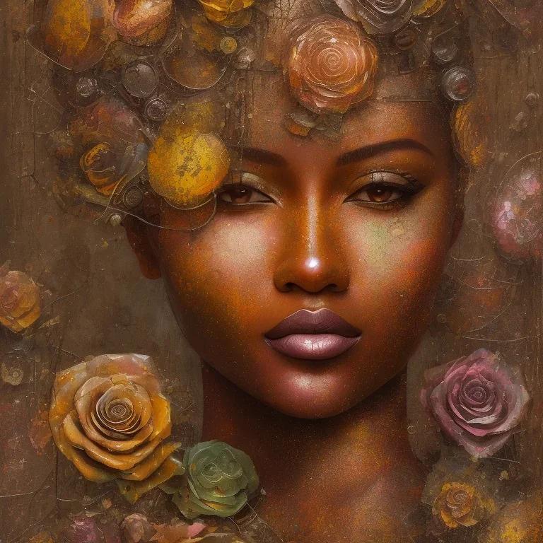 an abstract painting of rusted metal and flowers, african portrait, rust, scaffolding, iron cladding, decay, mixed media, textured, anatomically correct, beautiful perfect face, sharp focus, highly detailed